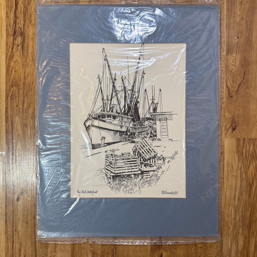 R.E. Kennedy Key West Waterfront Shrimp Boats Pen Drawing Nautical Florida Art - Picture 2 of 5